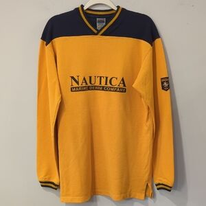 Nautica Men's Long Sleeve Shirt in Yellow and Navy size Large 90s Rugby